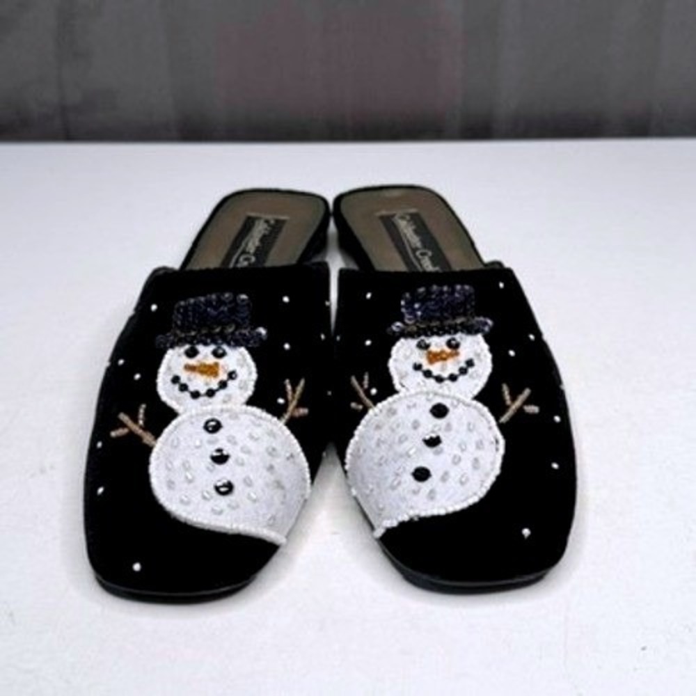 Vtg Coldwater Creek Snowman Mules Women 8 Black Beaded Velvet Holiday Slides Y2K